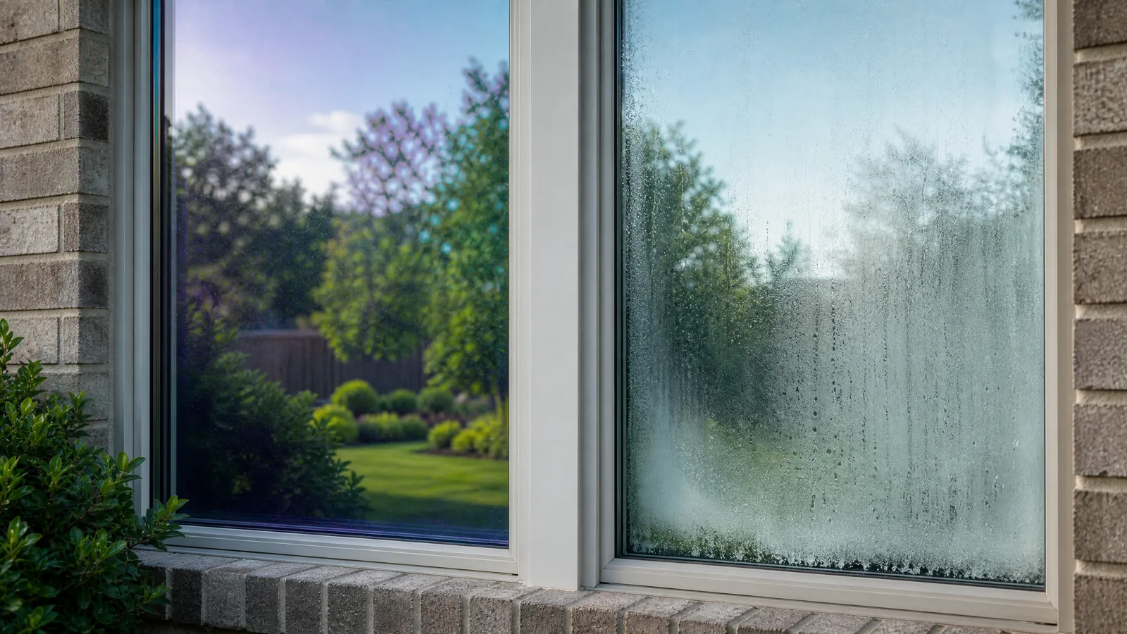 Close-up comparison of a window with purple-tinted Low-E haze next to a window with condensation between the panes