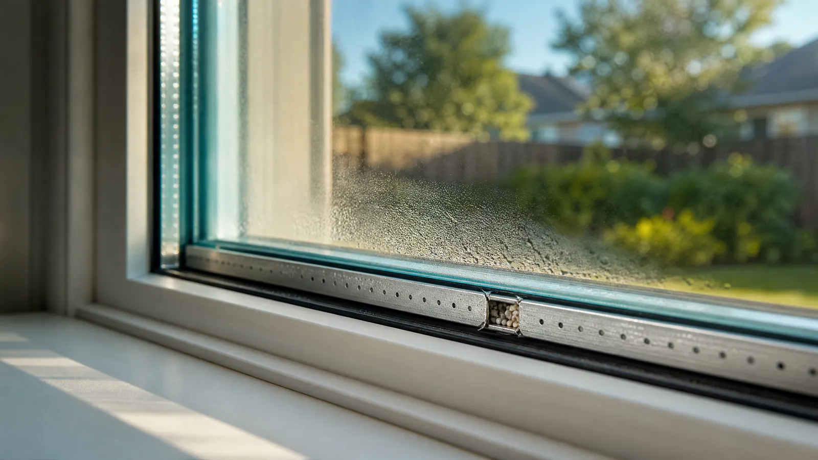 Close-up of a failed double-pane window spacer with visible condensation and desiccant beads