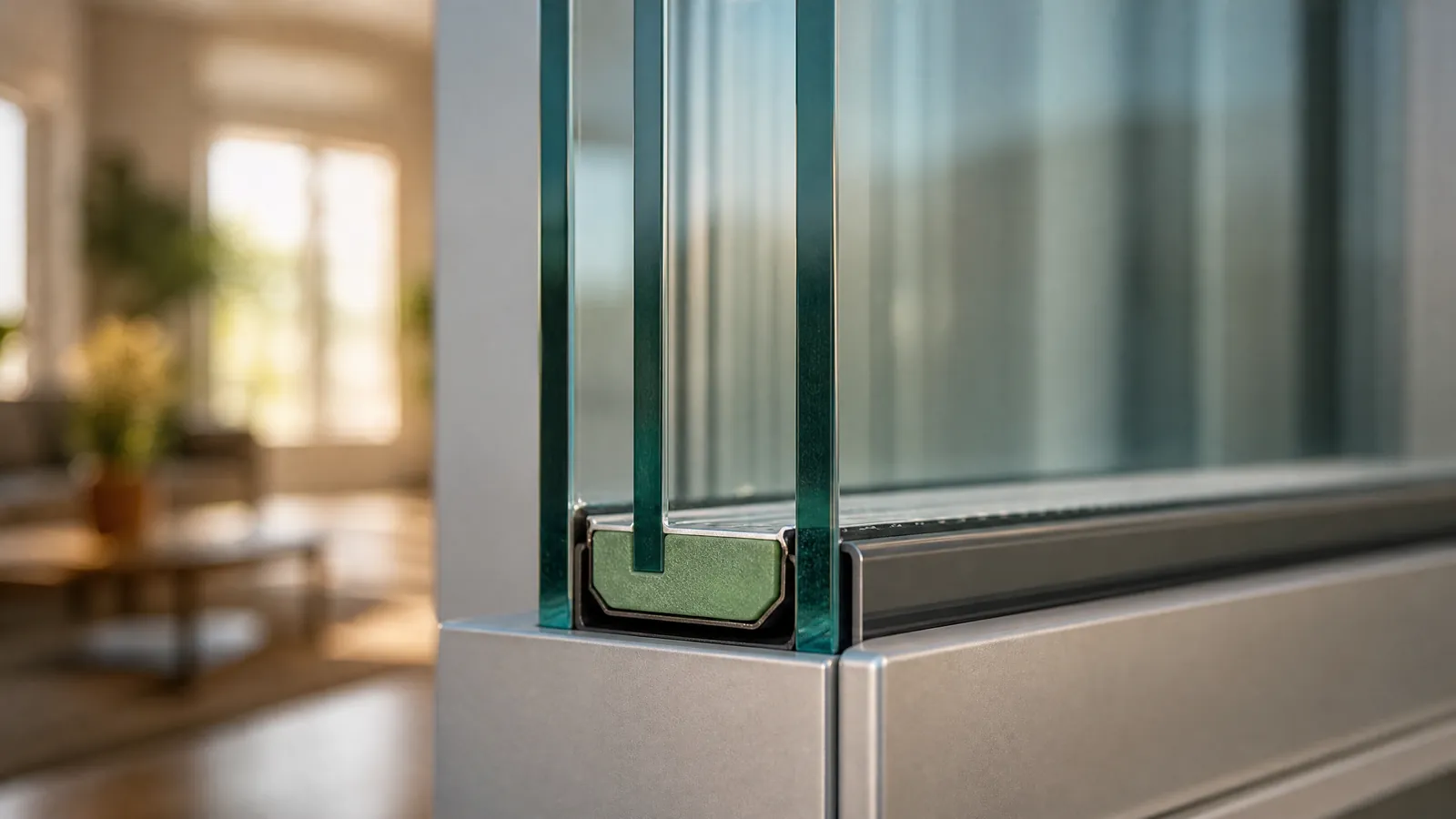 Close-up cross-section view of a modern warm-edge spacer between two glass panes preventing condensation