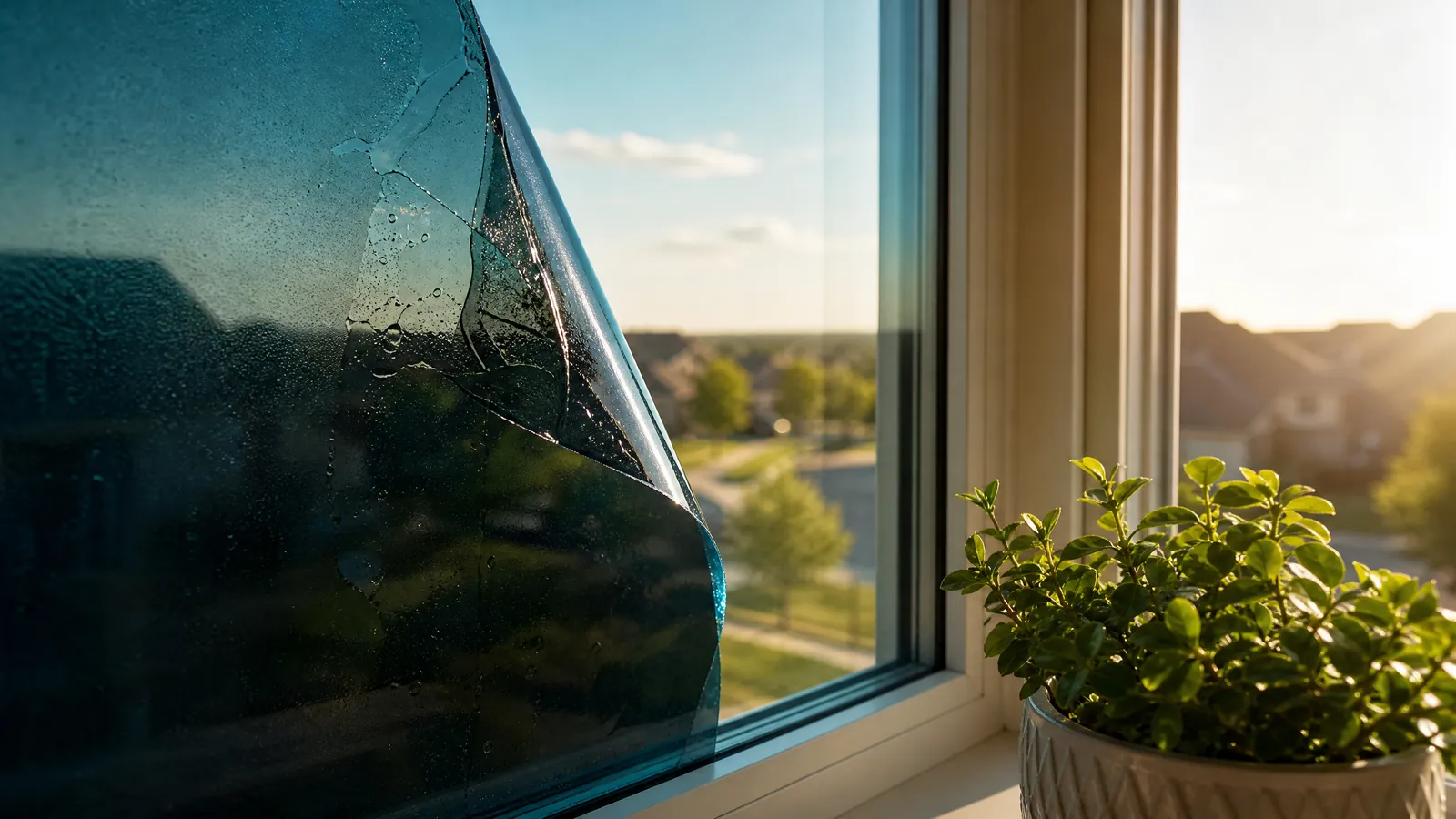Close-up of bubbling aftermarket tint film on a modern Low-E double-pane window in bright sunlight