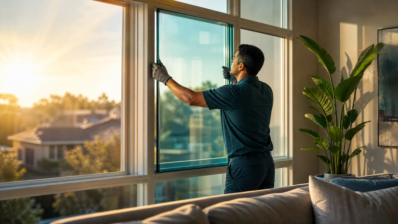 Professional installer fitting a Low-E glass pane into a west-facing Dallas living room window to block afternoon heat