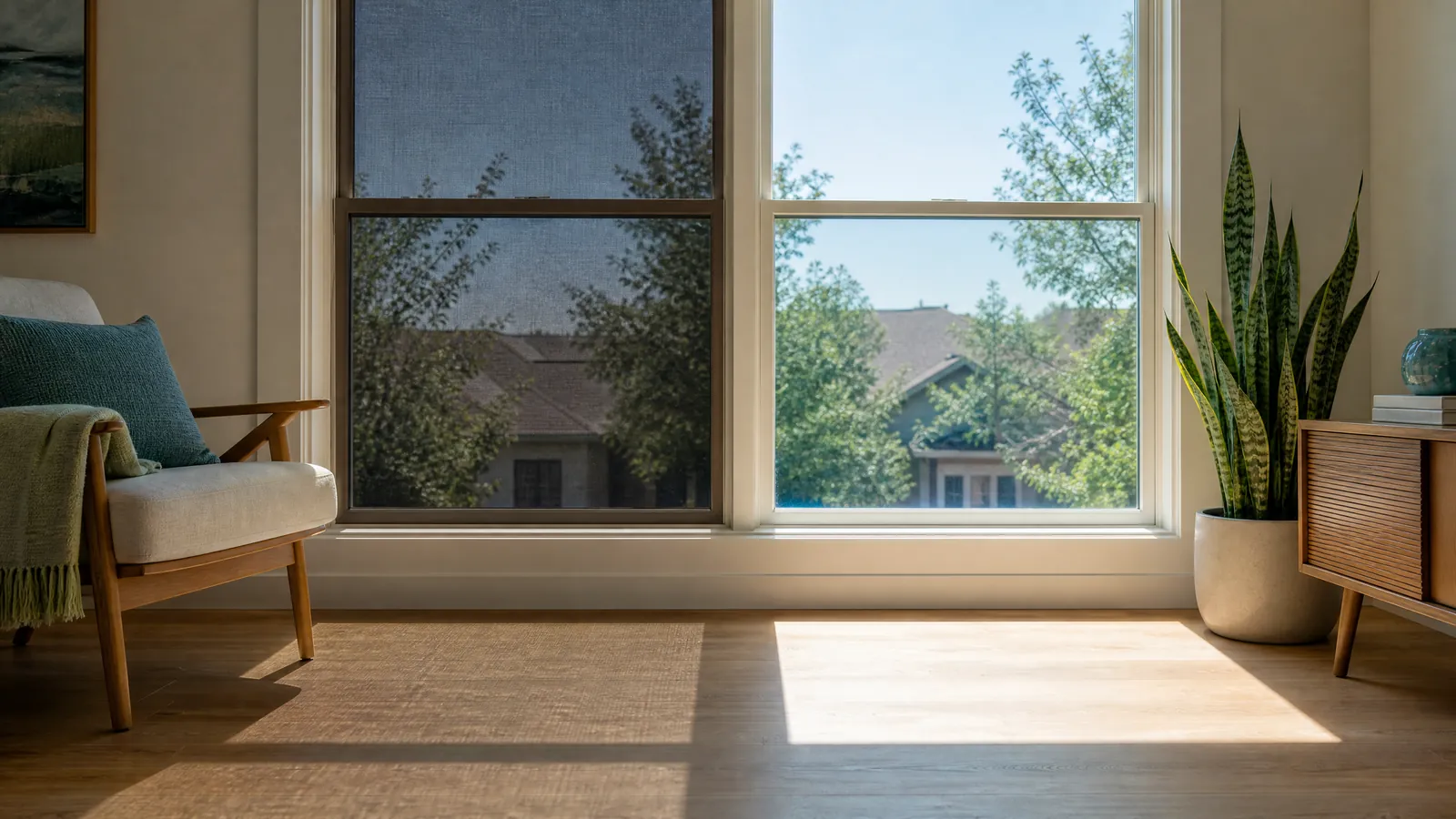 Side-by-side view of a window showing the shadow differences between a dark solar screen and clear Low-E glass