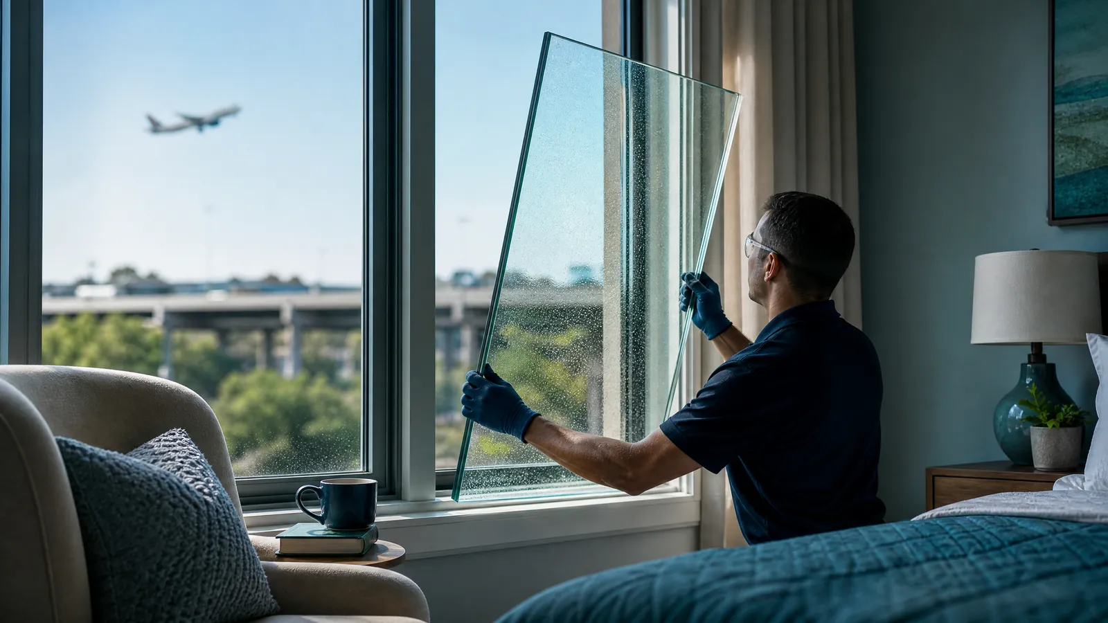 Professional installing thick laminated noise-reduction glass into a residential window frame