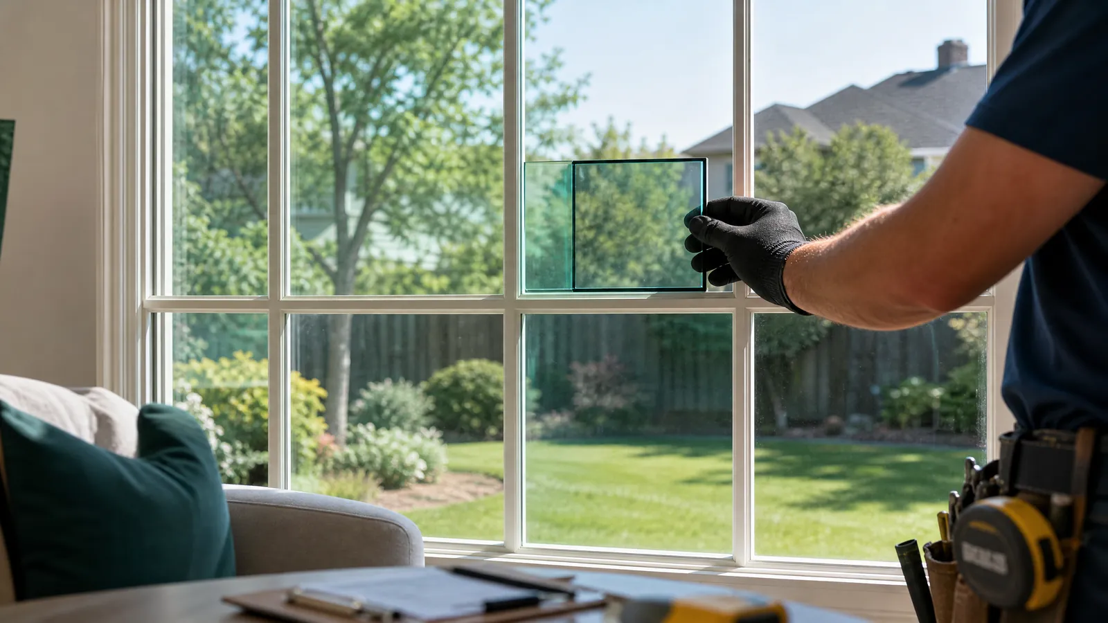 Technician holding a glass sample against a residential window to match the Low-E tint and grid pattern