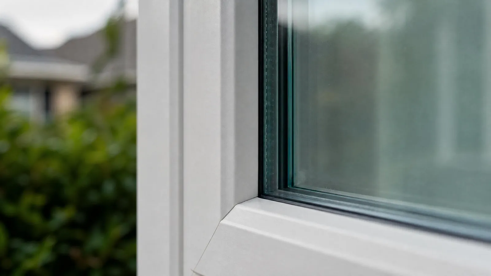 Close-up of a vinyl window frame being separated from the glass pane
