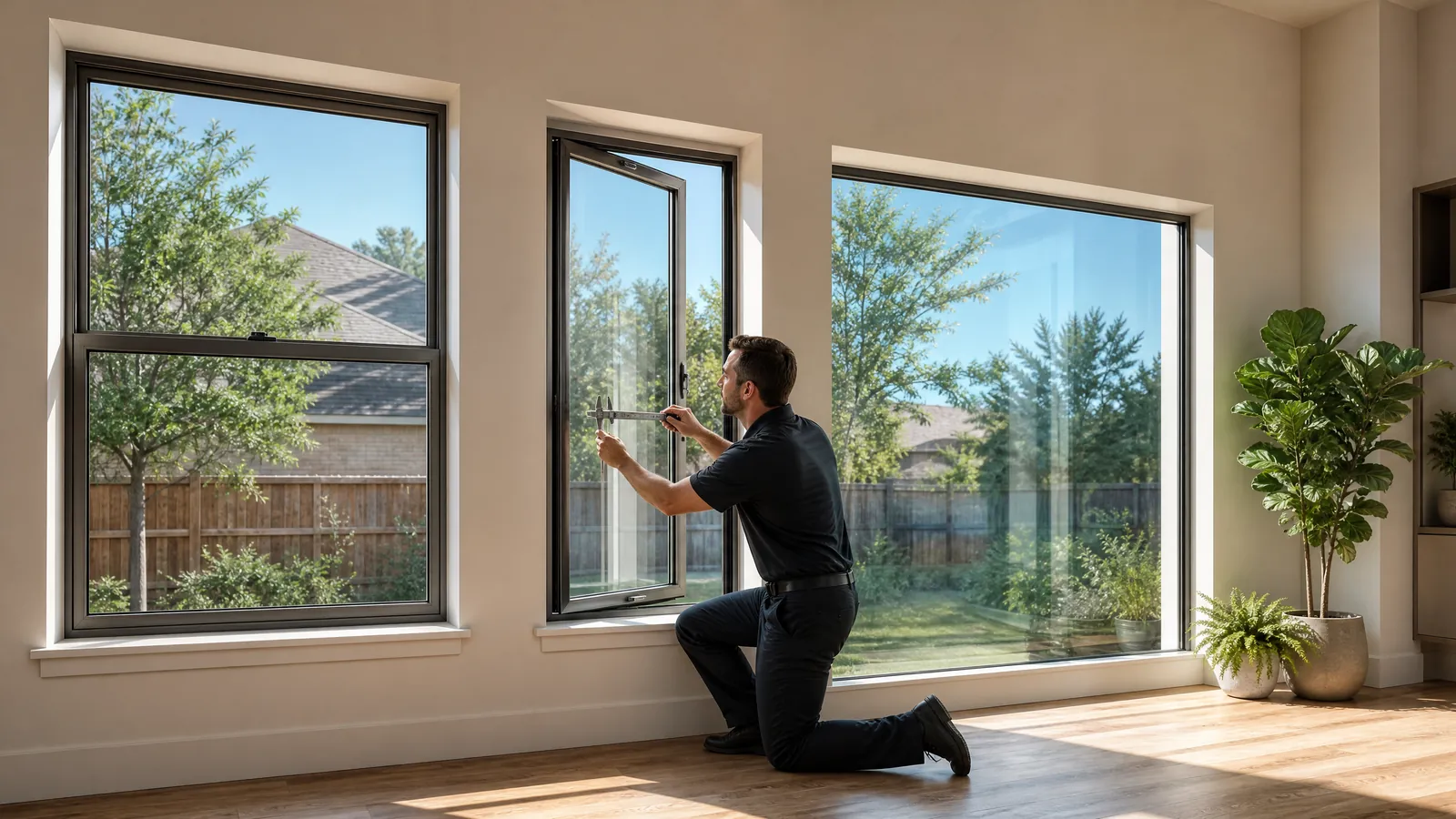 Professional glass technician inspecting different window styles for glass-only replacement in a modern Texas home