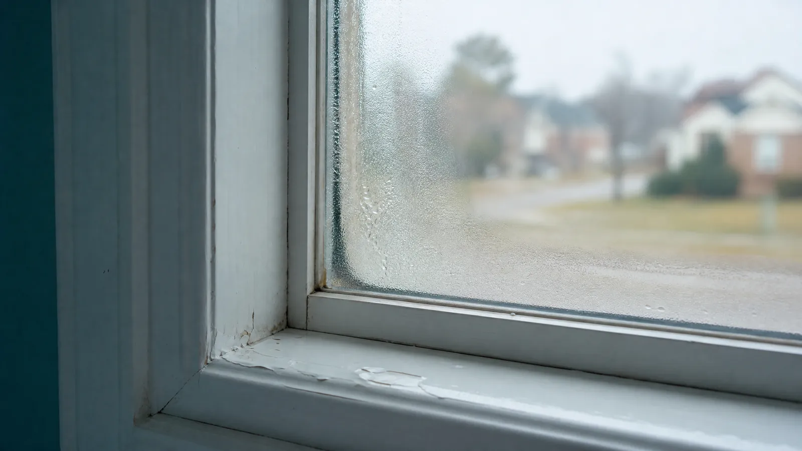Close-up of peeling paint and condensation on a deteriorating residential window frame
