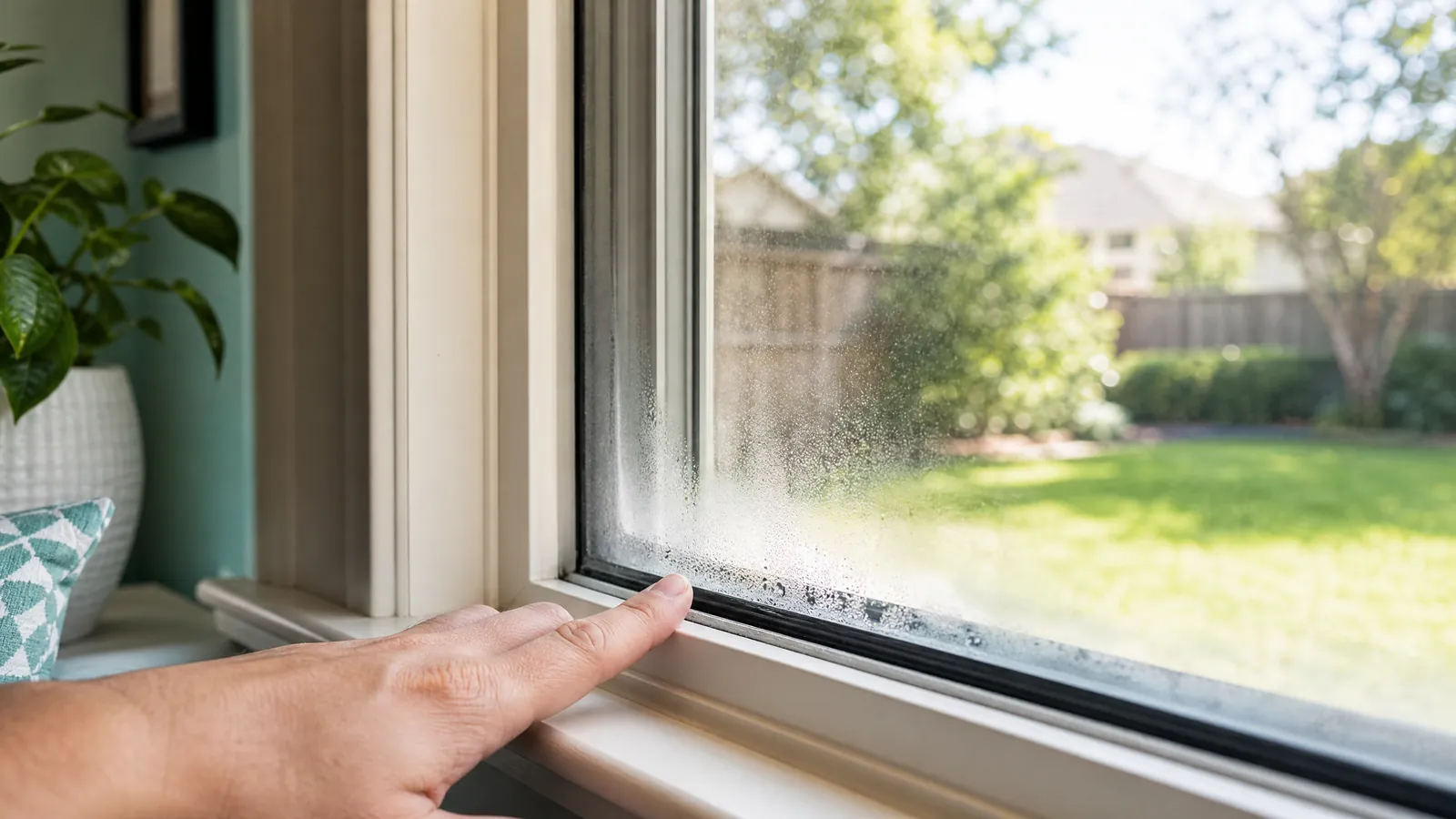 Close-up of condensation trapped between double-pane window glass with a hand touching the surface