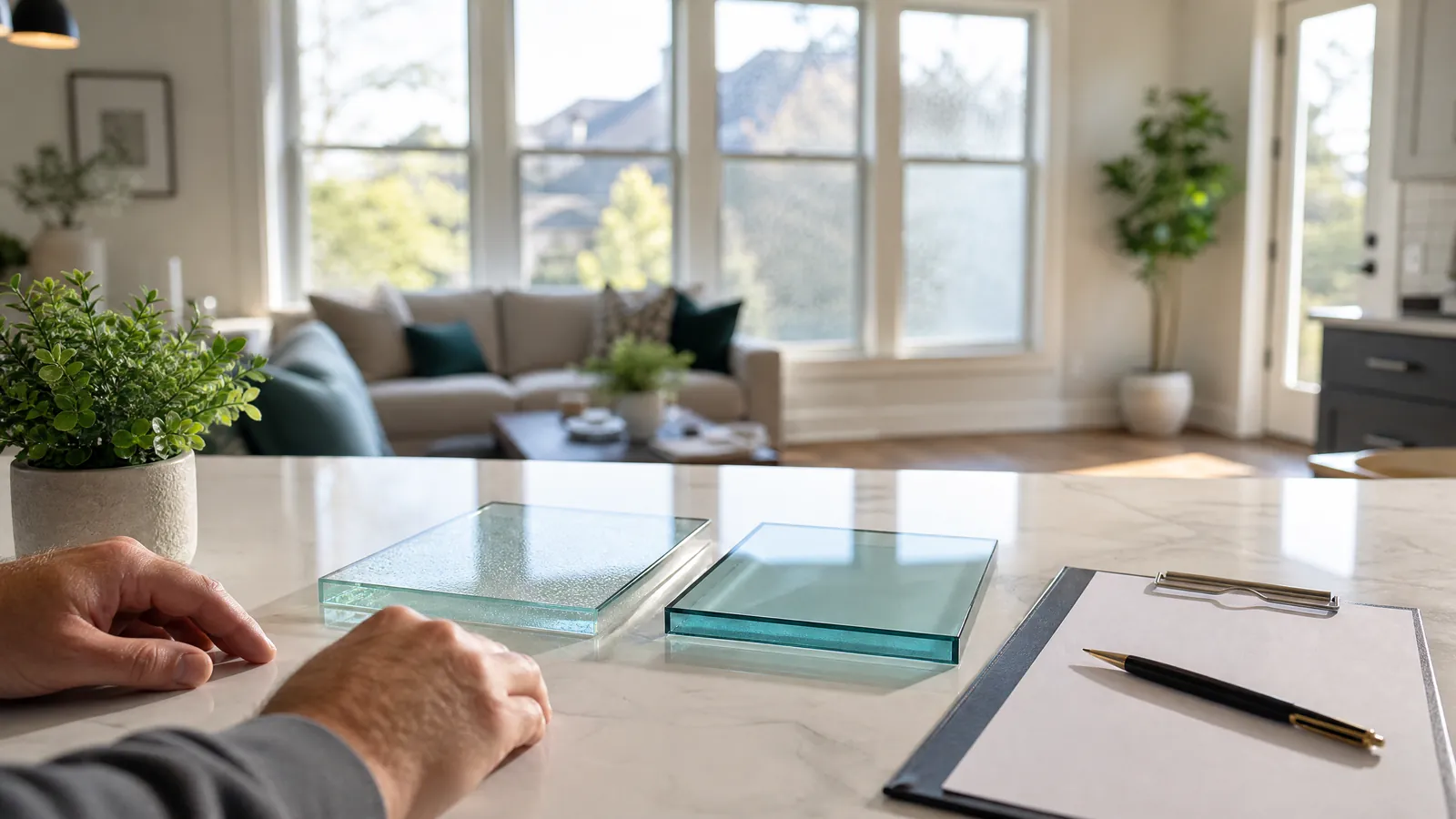 Side-by-side comparison of window glass samples and a blank estimate clipboard on a kitchen counter