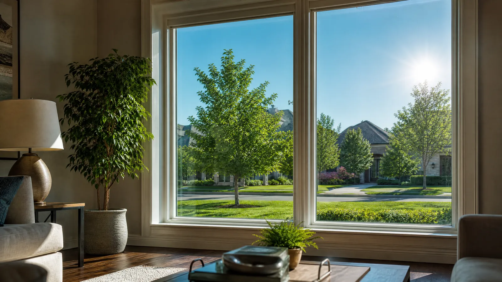Sunlight filtering through modern Low-E window glass into a comfortable Texas living room