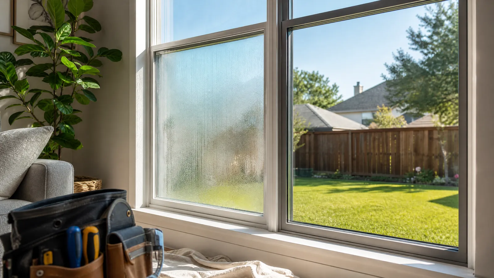 Foggy double-pane window in a McKinney home with one side replaced to show clear glass