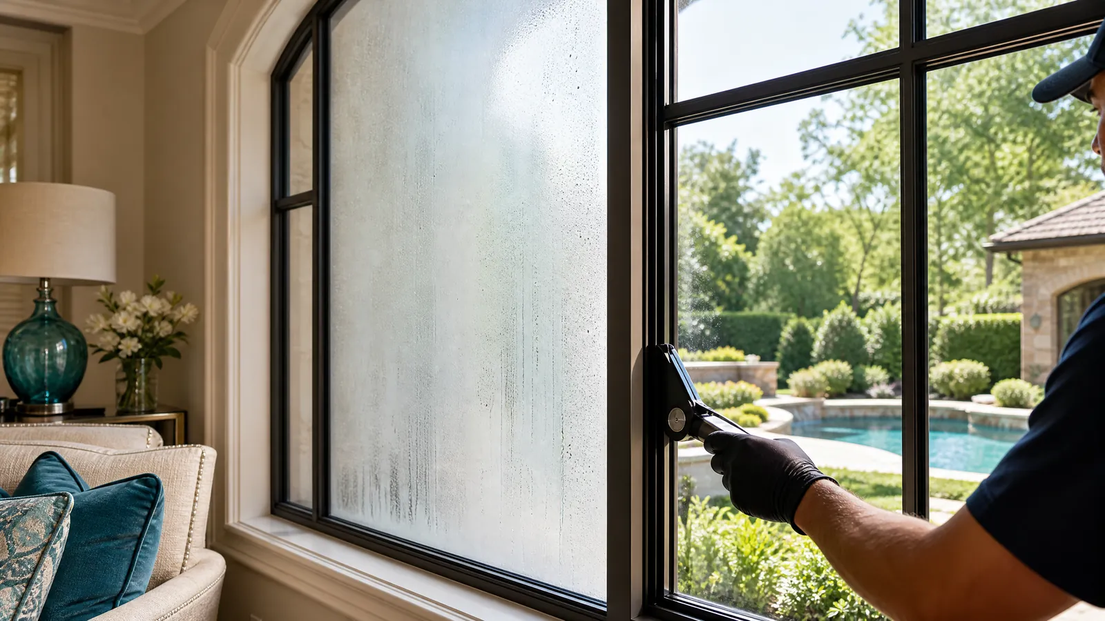 Close-up of a luxury Southlake home window showing half cloudy condensation and half crystal-clear new glass replacement