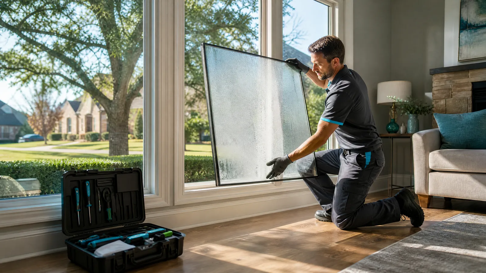 professional technician replacing a foggy condensation-filled double-pane living room window in a Flower Mound home