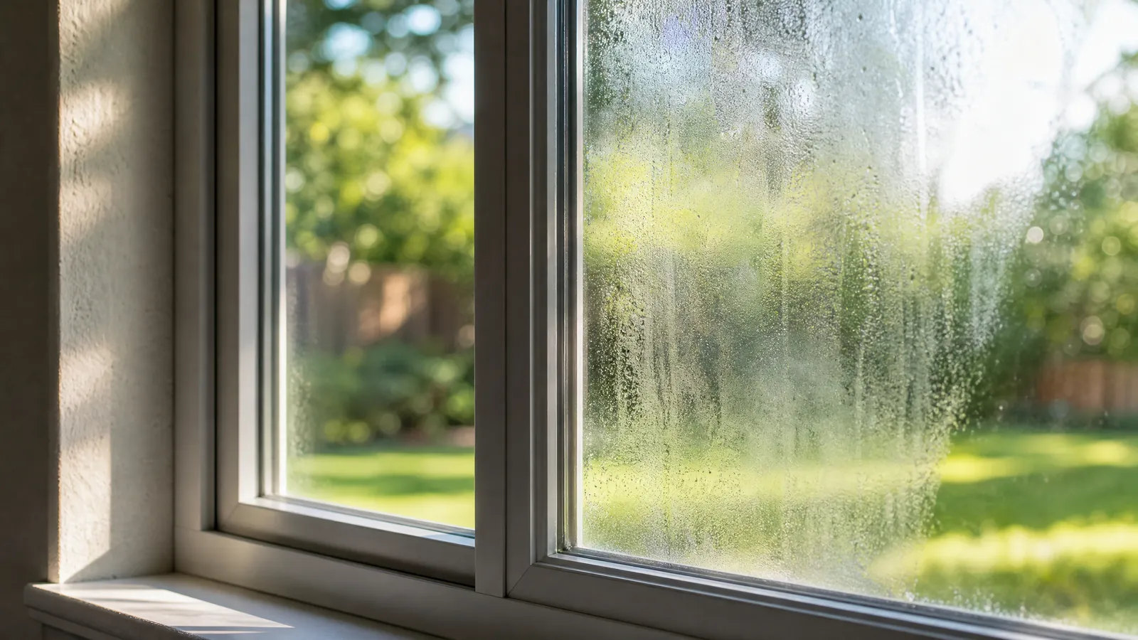 A foggy residential window being inspected for seal failure in a sunlit Rockwall home