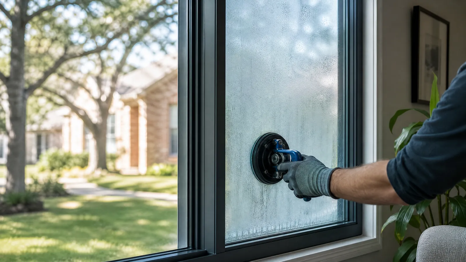 Foggy double-pane residential window in Grapevine with condensation trapped between glass and a glazier's tool nearby