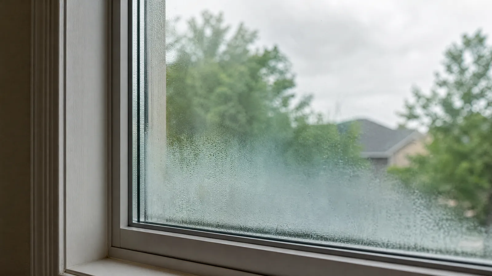 Close-up of a foggy double-pane window in Cedar Hill Texas showing condensation buildup