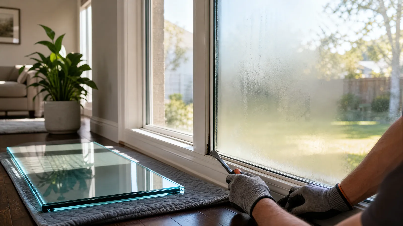 Close-up of a technician repairing a foggy double-pane window in a Keller home next to clear replacement glass