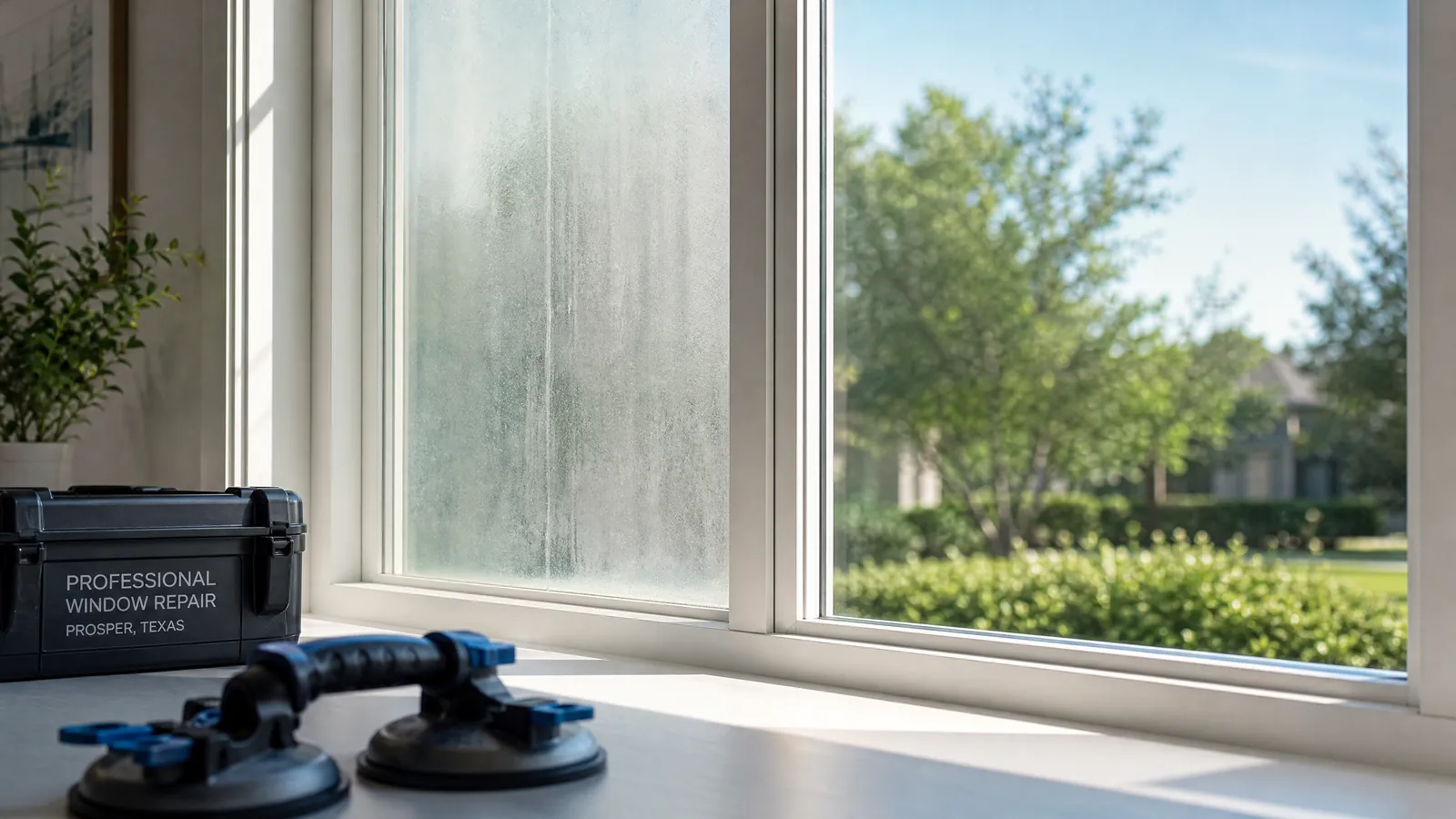 Professional foggy window repair in Prosper Texas showing glass replacement process