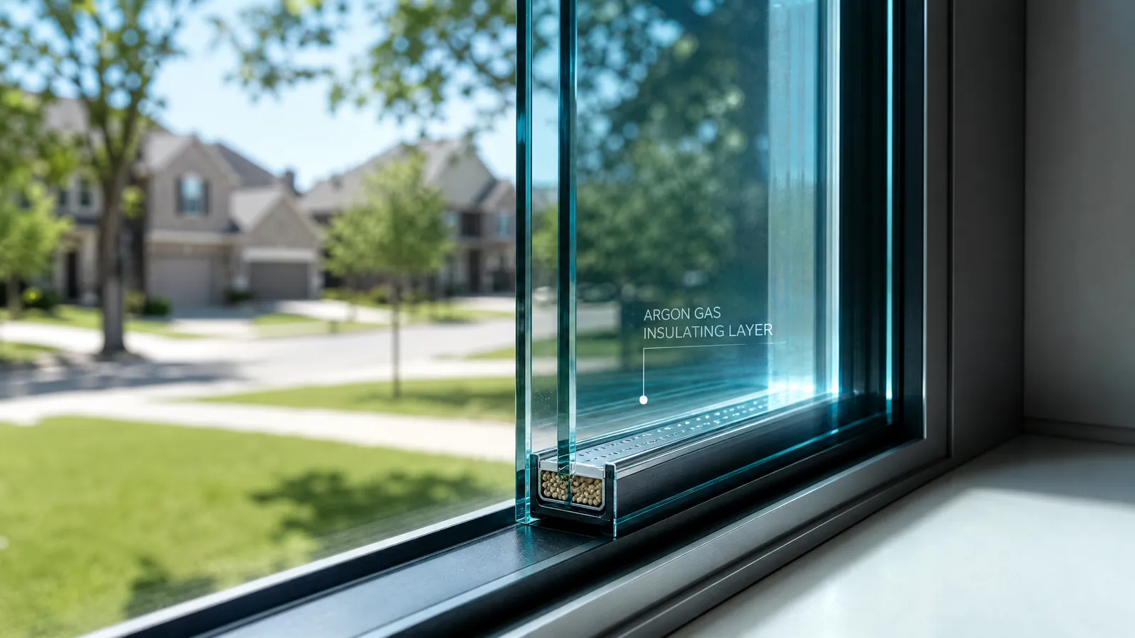 Close-up of a double-pane window edge highlighting the insulating spacer for argon gas in an Allen home
