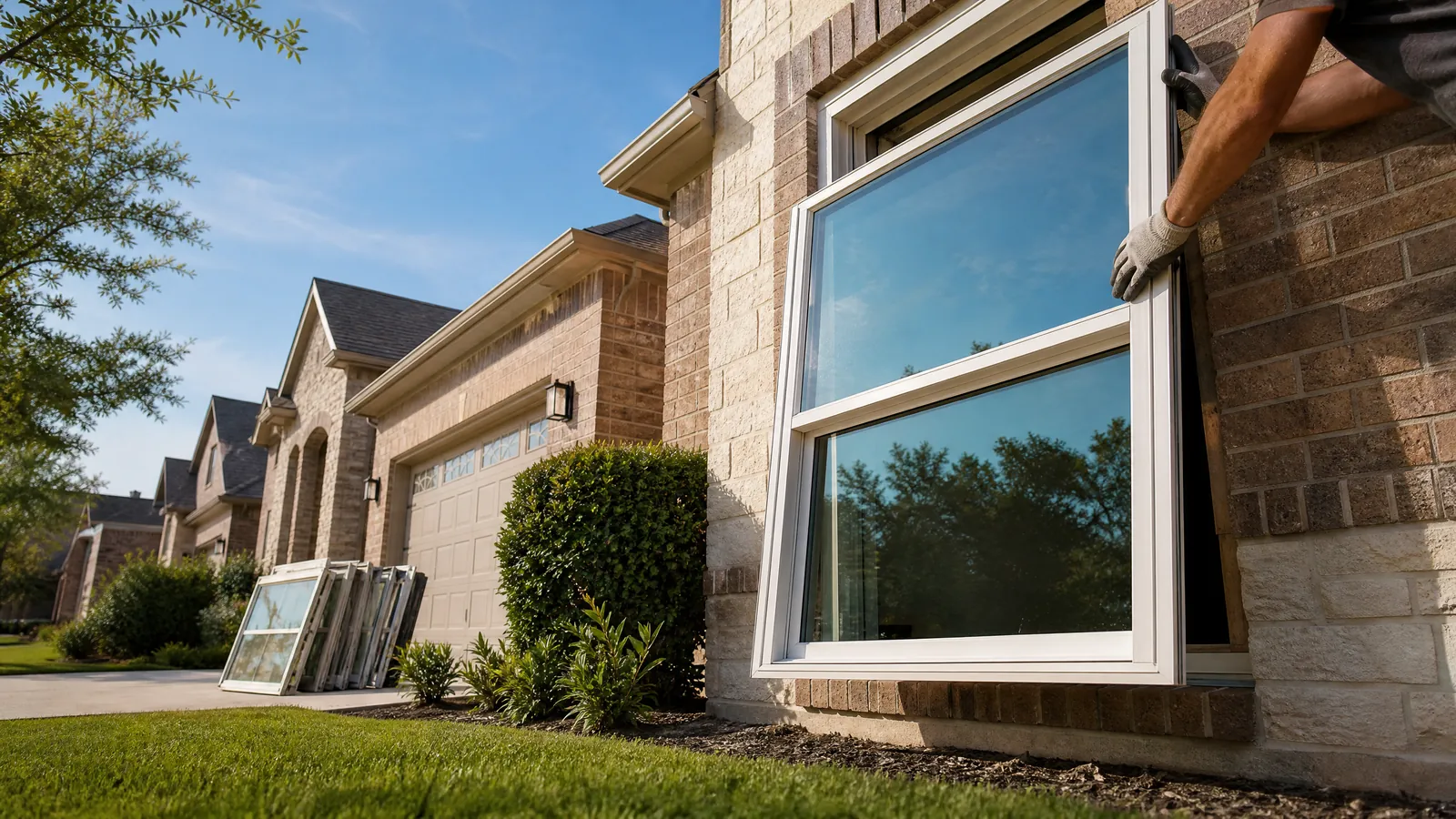 Modern brick home in Frisco undergoing an energy-efficient window replacement on a sunny Texas afternoon