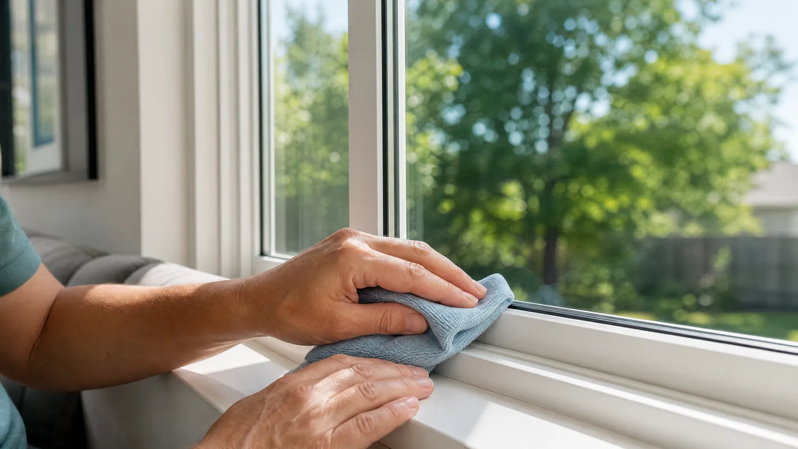 homeowner inspecting window seal edge with soft cloth on sunny North Texas afternoon