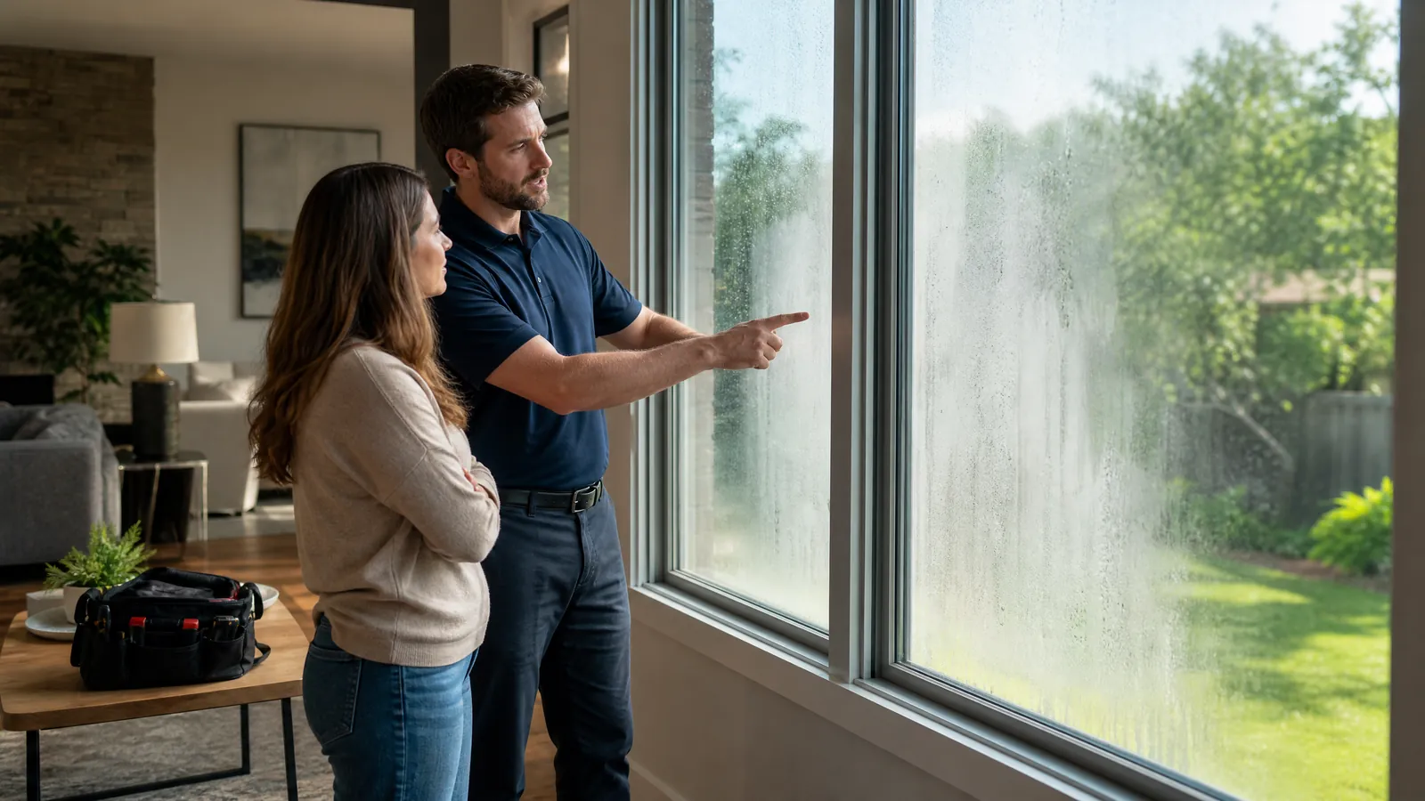 Professional glass technician evaluating a foggy double-pane window with a homeowner in a Texas living room