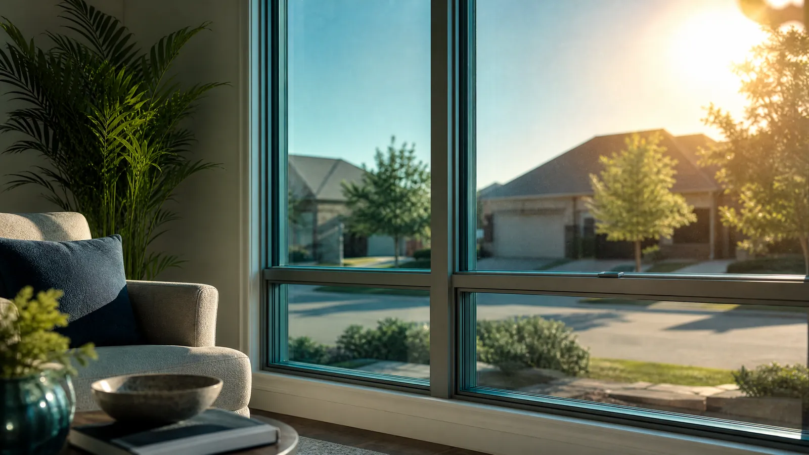 Energy-efficient double-hung window blocking harsh summer sunlight in a McKinney home