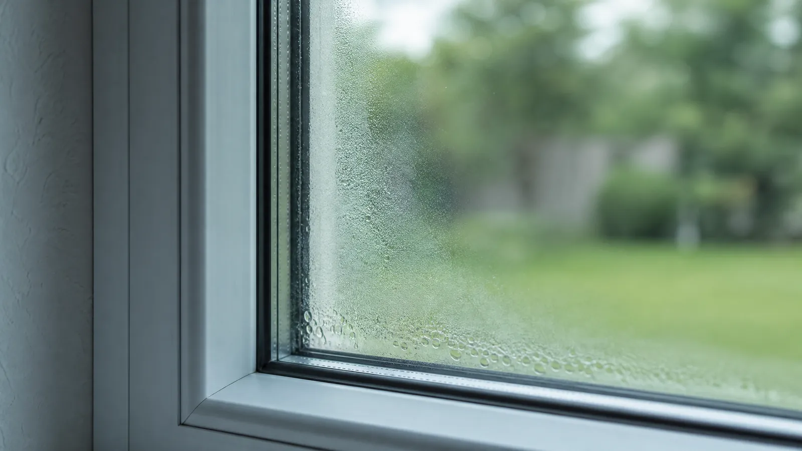 close up of failed double pane window seal showing condensation between glass panes
