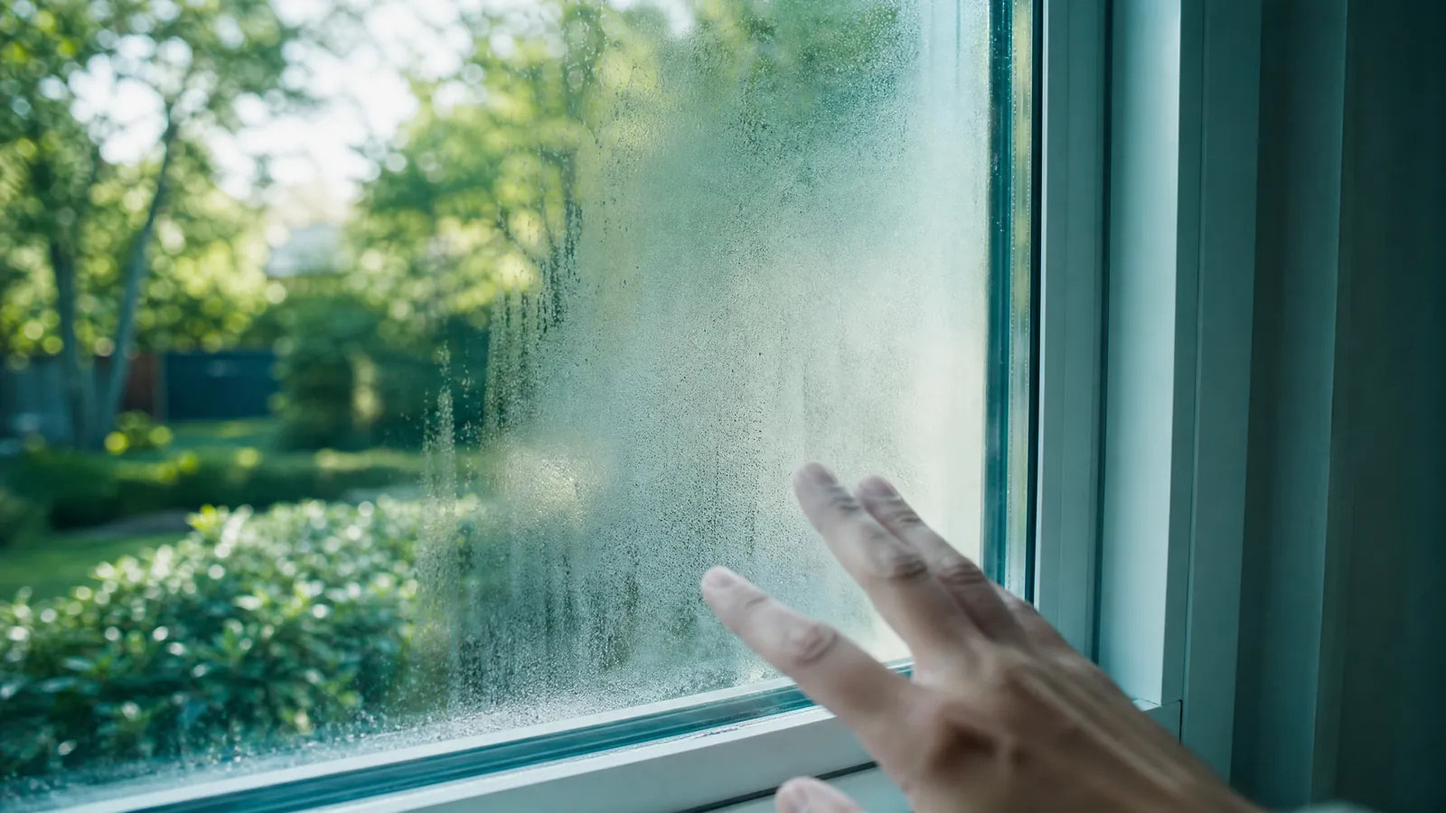 Close-up of a homeowner touching a foggy double-pane window with trapped condensation obscuring the outdoor view