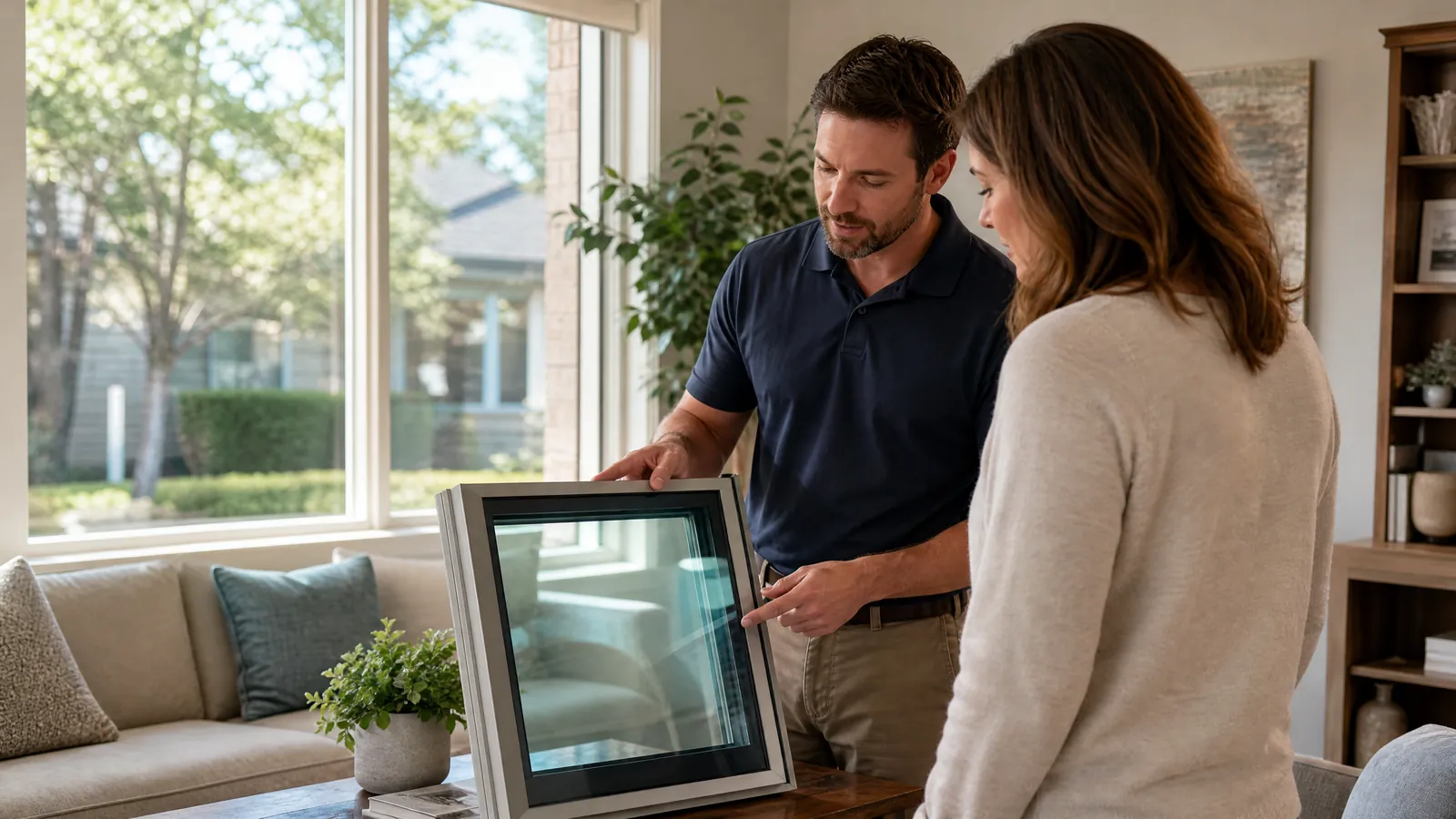Homeowner consulting with a window expert in a McKinney living room reviewing glass replacement options