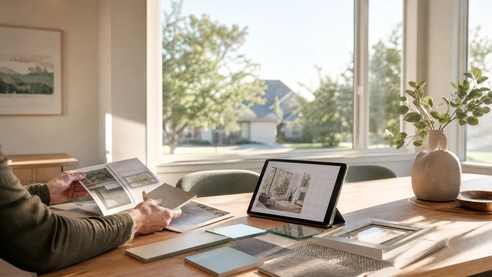 Dallas homeowner reviewing window replacement options and cost estimates at a modern dining table