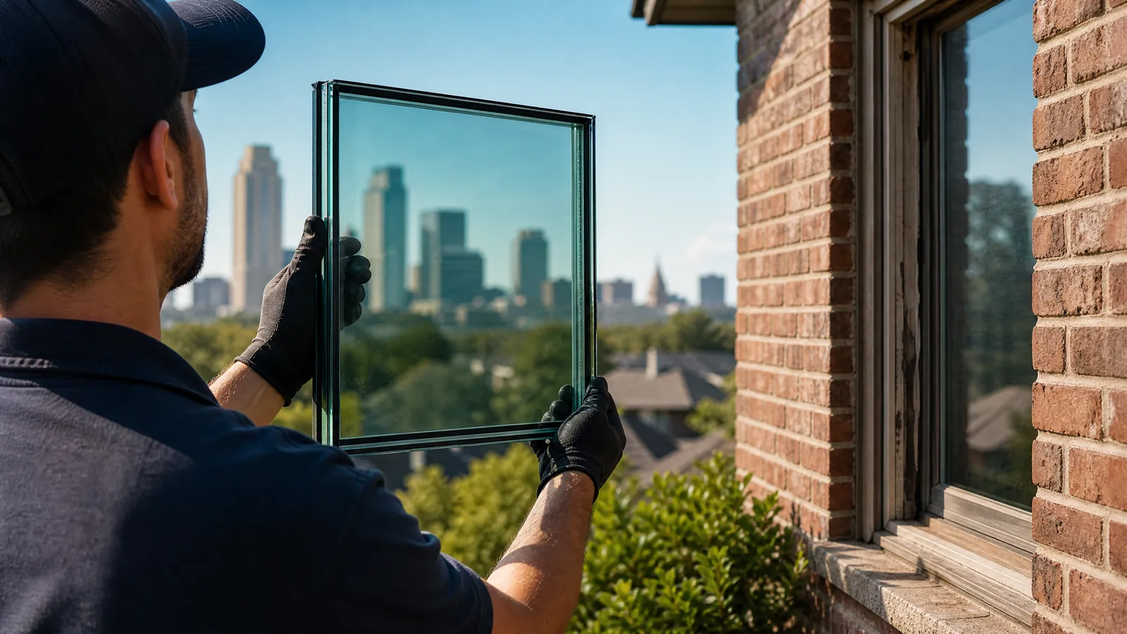 A professional installer comparing new double-pane window options against a Fort Worth skyline backdrop