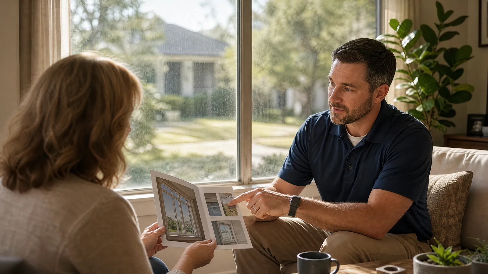 Homeowner reviewing window repair quotes with a professional at a Fort Worth residence