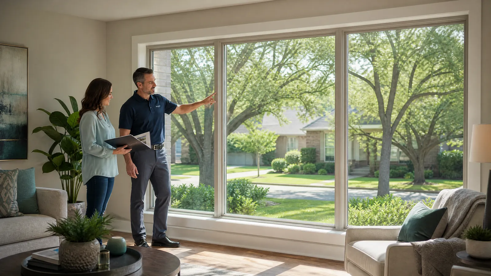 Window expert explaining framing features to a homeowner during a consultation in a bright McKinney living room