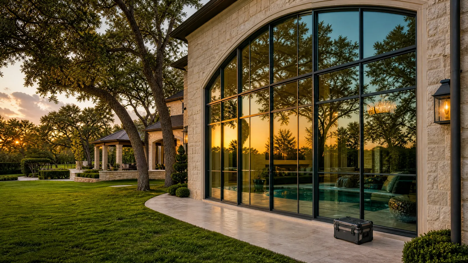 Luxurious two-story custom arched window reflecting a private pool and sunset at a Southlake estate