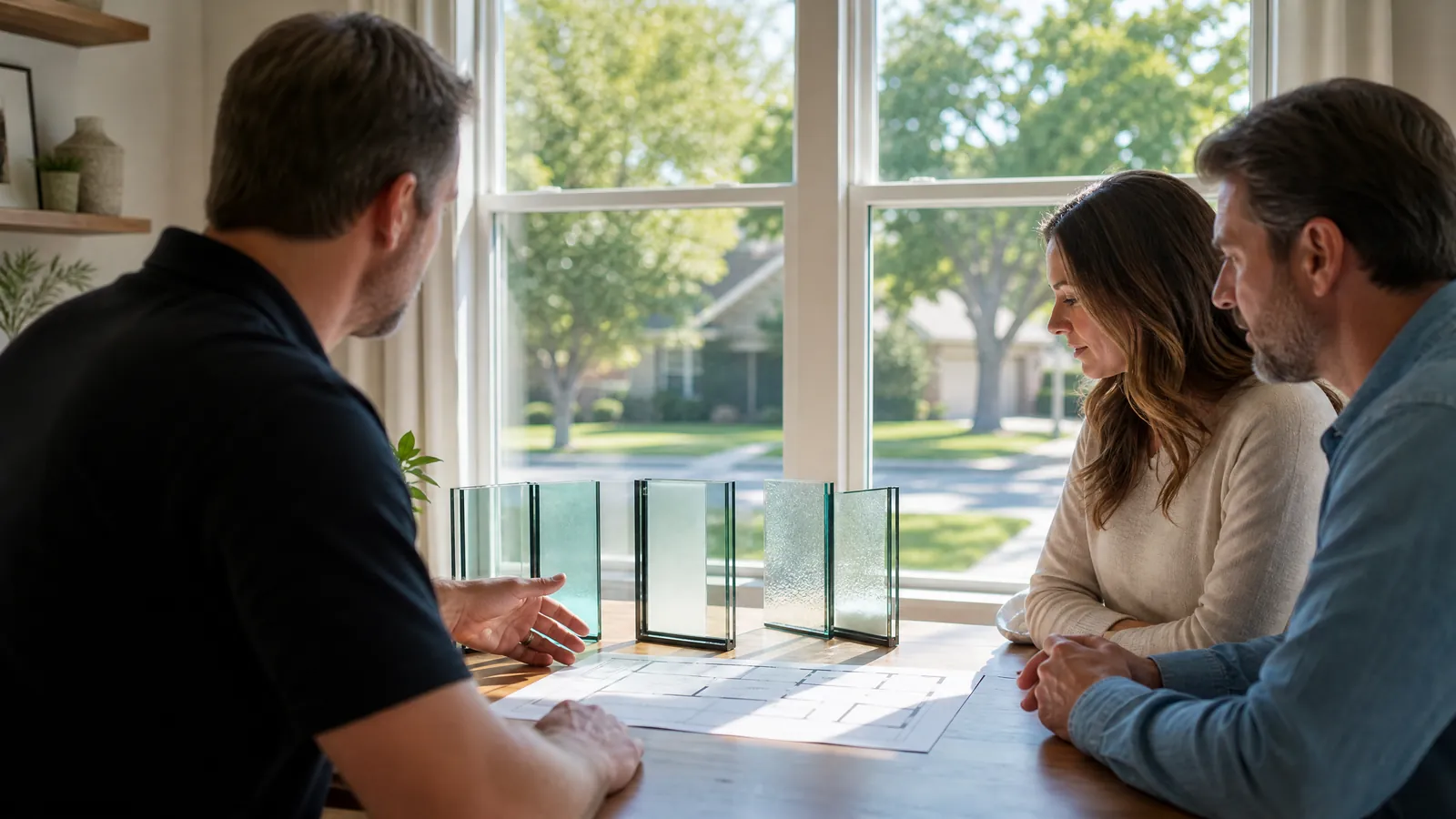Irving Texas homeowner reviewing window replacement options and glass samples at a dining table