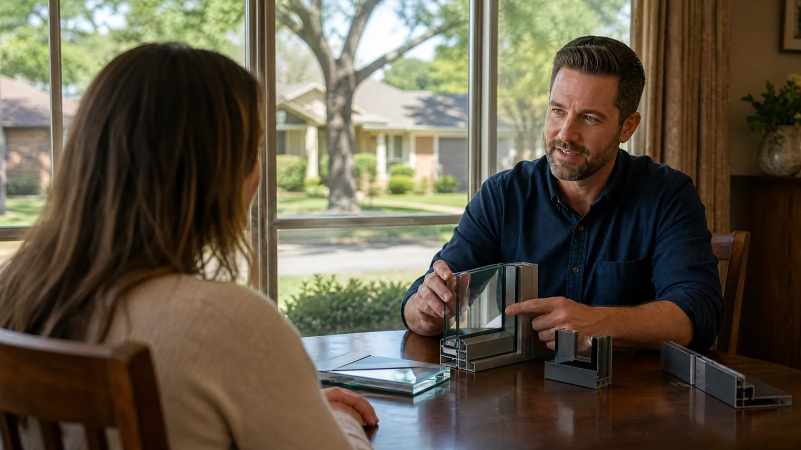 Homeowner and local window professional reviewing glass samples at an Irving residence