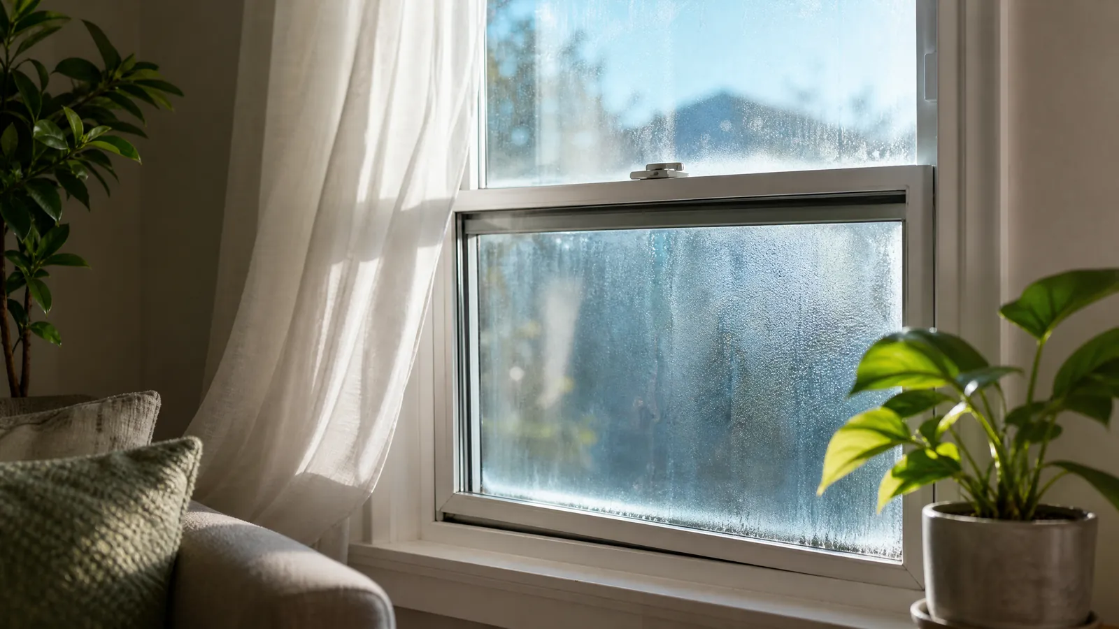 Interior view of a failing residential window showing trapped condensation and a slightly misaligned sash with a swaying curtain