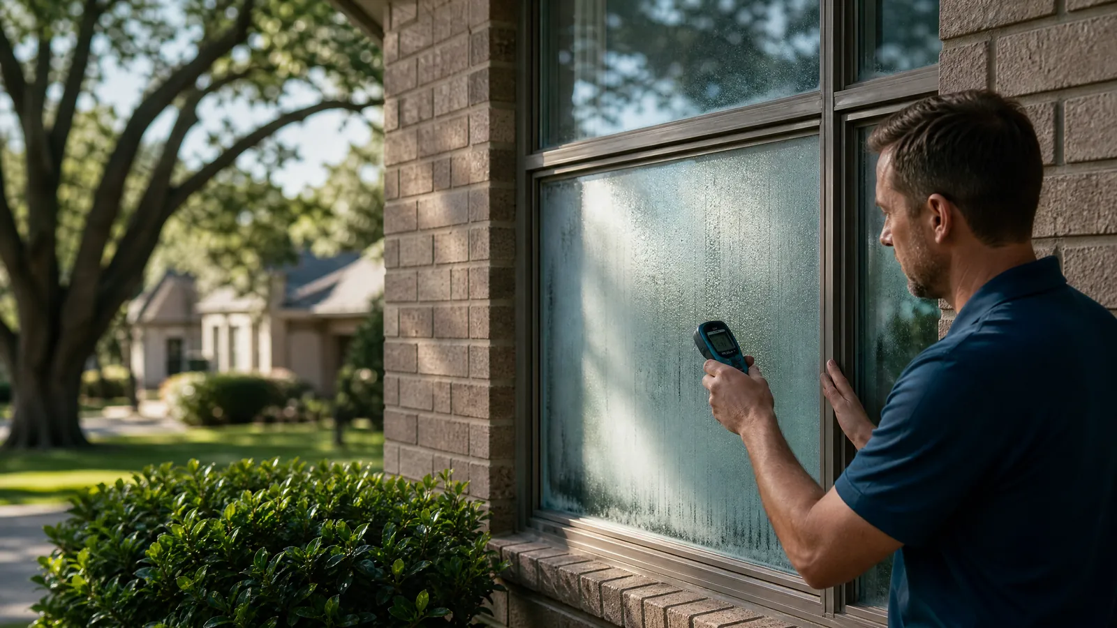 Technician inspecting a foggy window with condensation on a traditional brick home in a Dallas neighborhood