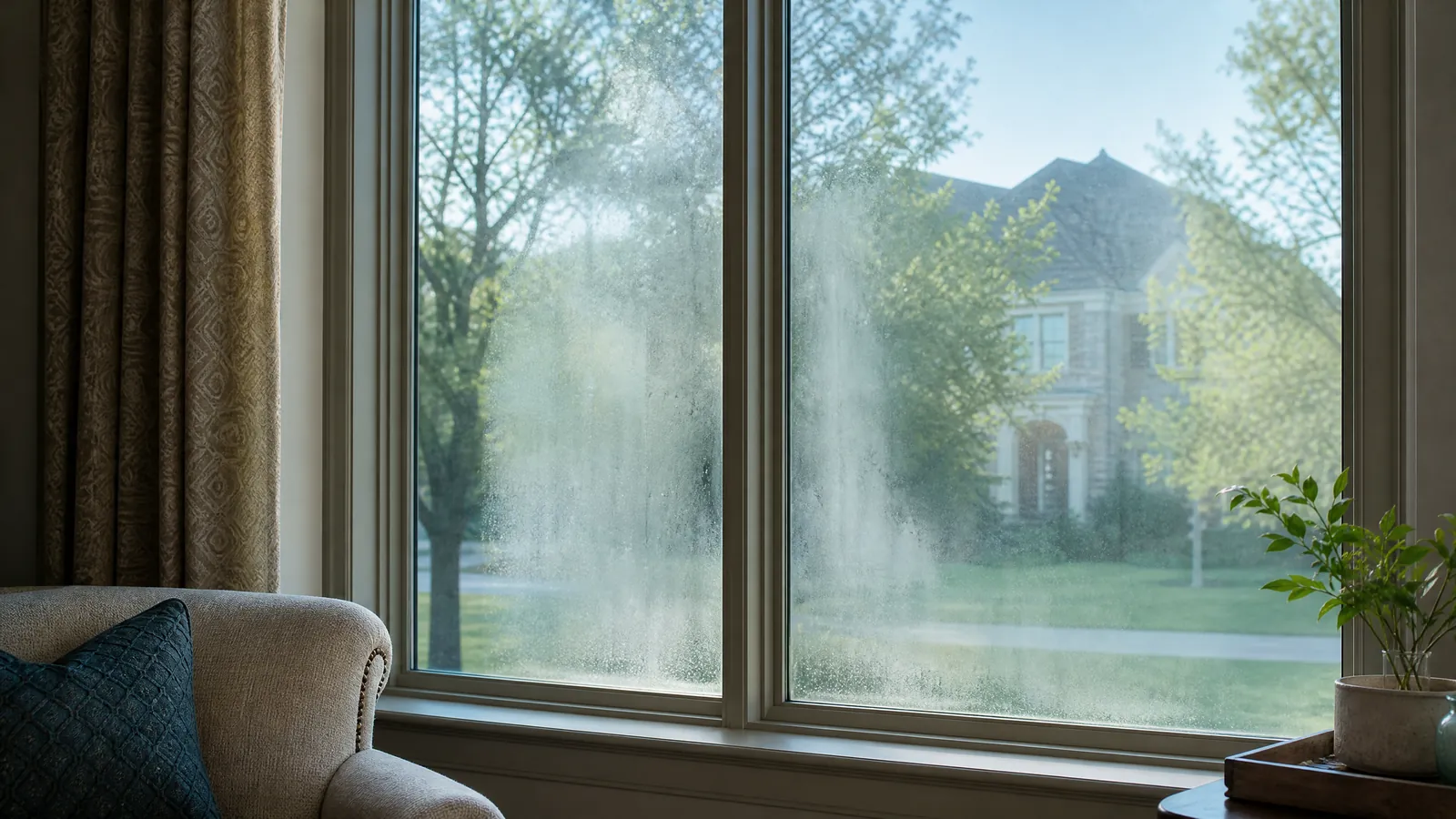 Foggy residential window pane showing condensation overlooking an upscale Irving neighborhood