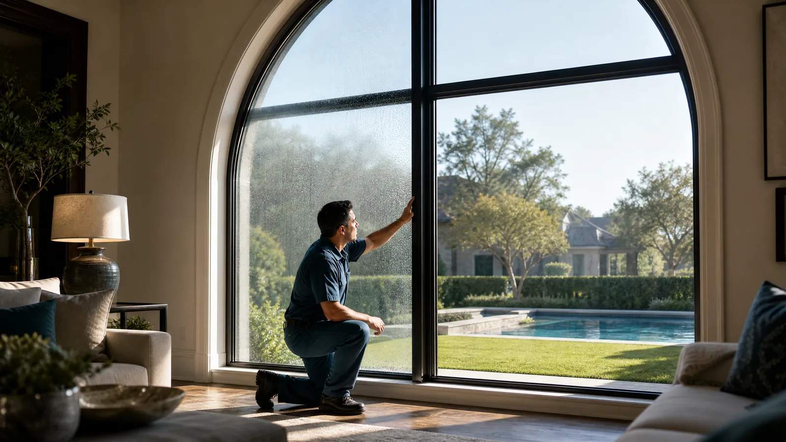 Professional inspecting a foggy double-pane window in a luxury Southlake home living room with backyard view
