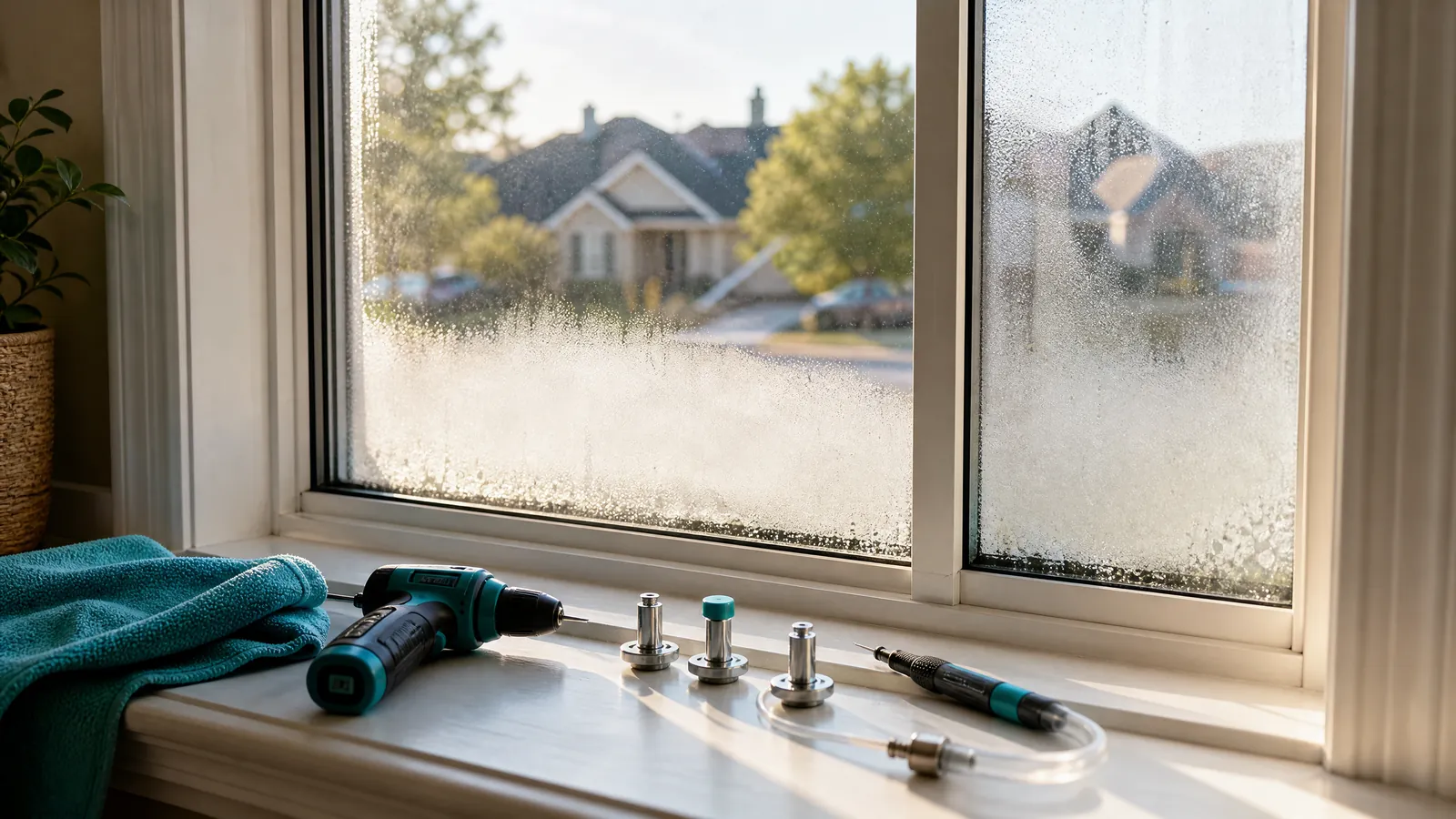 Foggy double-pane window repair process in Garland with specialized moisture extraction tools on a residential sill