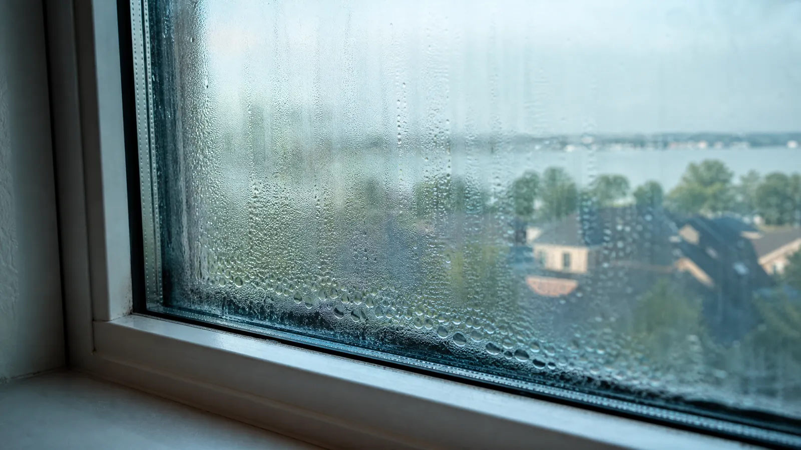Foggy double-pane window with condensation being inspected by an expert near a lake view