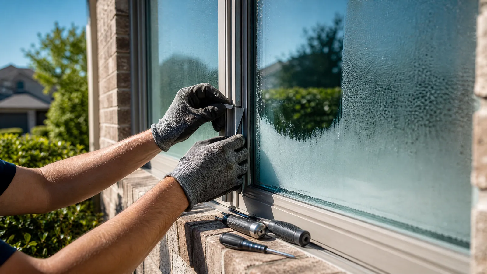 Close-up of a technician repairing a foggy double-pane window in a modern Plano home