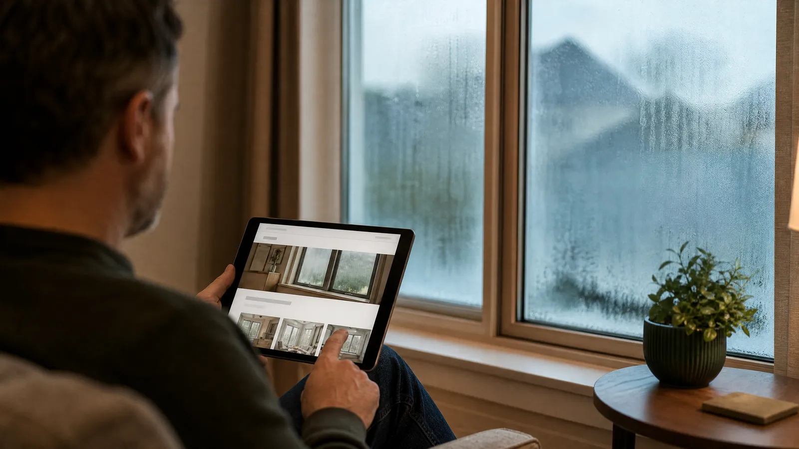 Homeowner searching on a tablet for local foggy glass replacement services near a condensation-filled window in a Dallas-Fort Worth living room