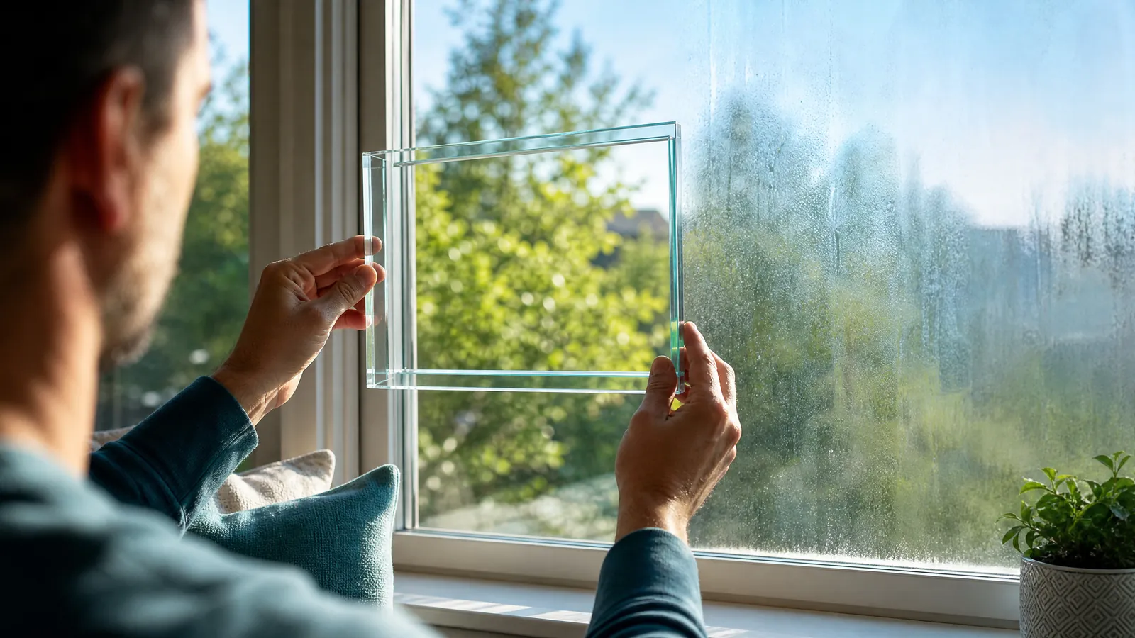 Clear sample glass pane held against a severely fogged window to compare repair and replacement options
