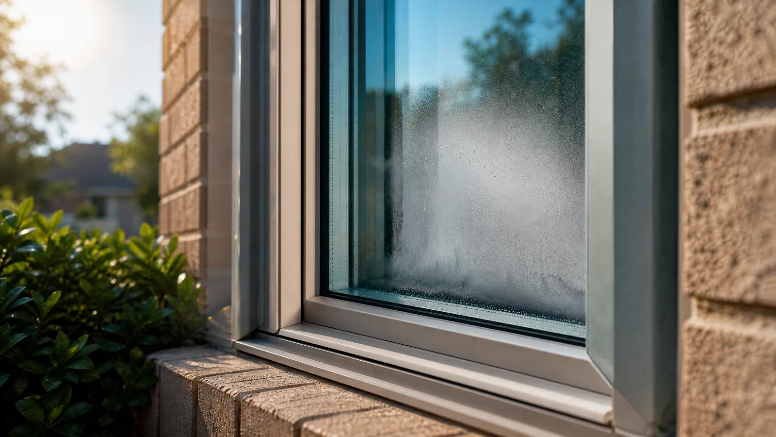 Close-up of a double-pane window with failed seals showing condensation in a hot Fort Worth climate