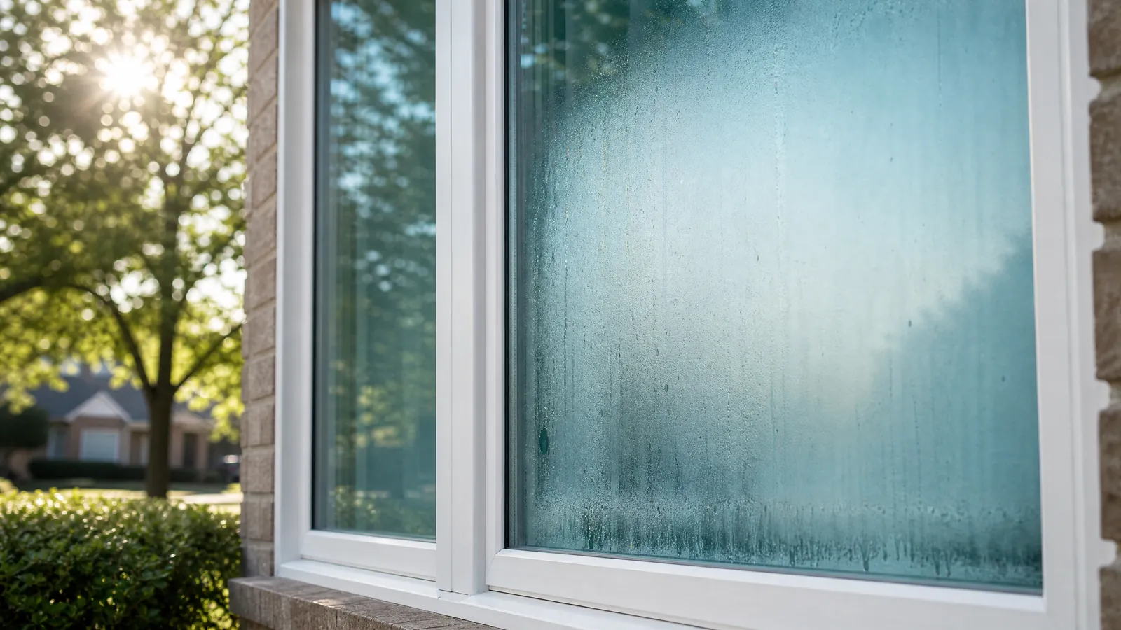 Close-up of a heavily fogged double-pane window against a bright Arlington summer backdrop