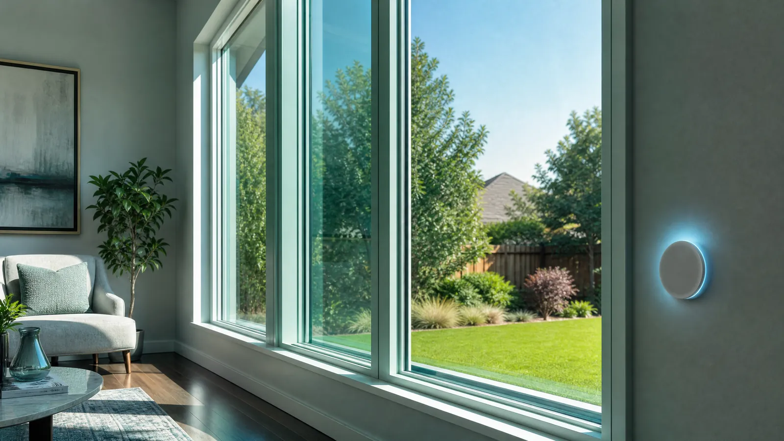 Modern energy-efficient double-pane window filtering bright Texas sunlight in a Plano home interior