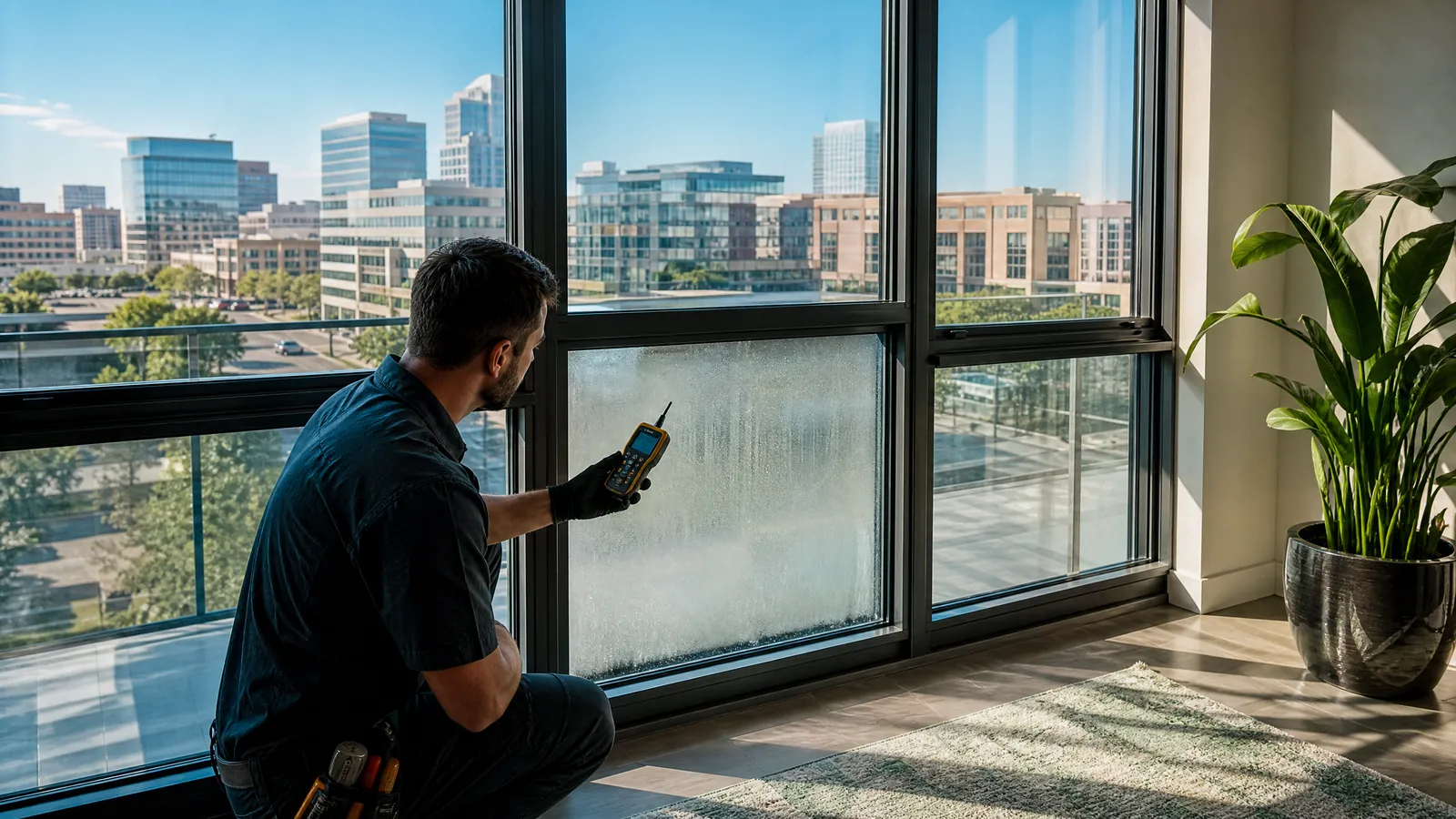 Condensation trapped inside a double-pane apartment window in Irving Texas with a technician inspecting the seal